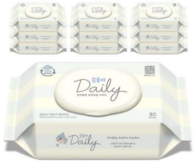 [순둥이]키즈_생분해물티슈 데일리 80매 캡형 10팩 / 경제적인 아기물티슈, 45g