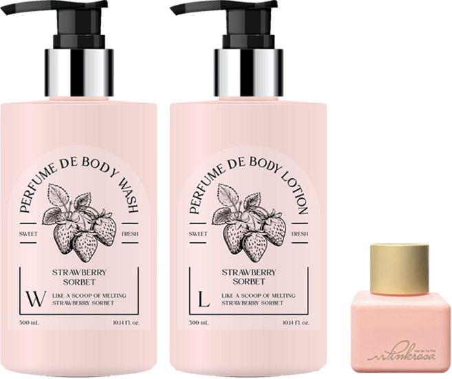 핑크로사 퍼퓸 드 토탈케어 세트 스트로베리 소르베 딸기향 [ 바디워시 + 바디로션 + 이너퍼퓸 ], 1세트
