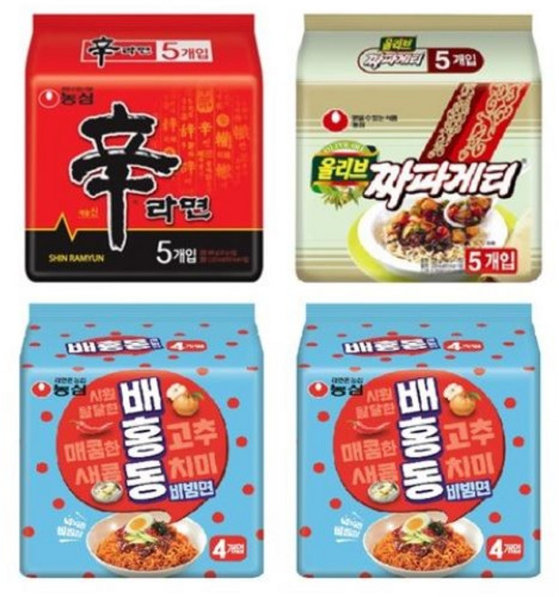 농심 신라면 5p 120g + 올리브짜파게티 5p 140g + 배홍동비빔면 8p 137g 세트, 3세트