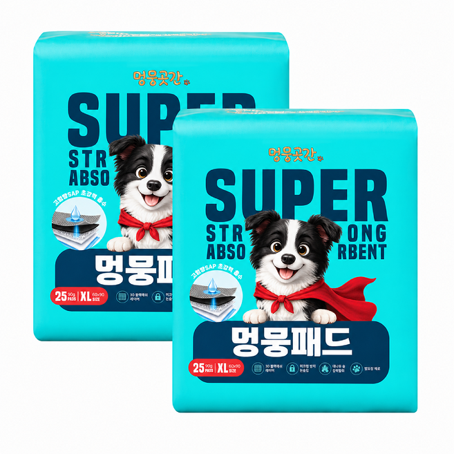 멍뭉패드 3초흡수 강아지 배변패드 SAP 25g 발도장 제로 논슬립, 2개, 25개입