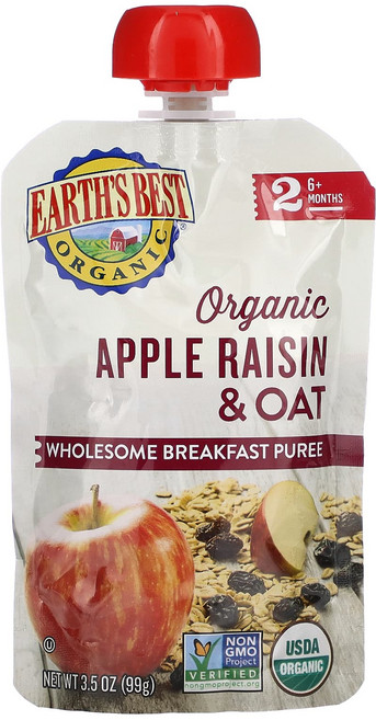 Earth's Best 유기농 천연 브랙퍼스트 퓨레 생후 6개월 이상 사과 건포도 및 귀리 99g(3.5oz), EarthsBest유기농천연브랙퍼스트퓨레생후6개월이상사, 99g, 1개