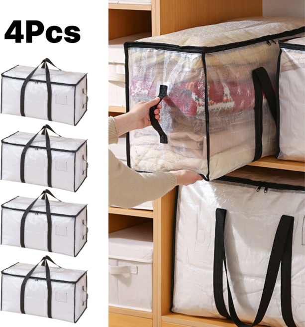 대용량 손잡이형 방수 이불 수납백 의류 정리 가방 4P세트, 4개, 투명