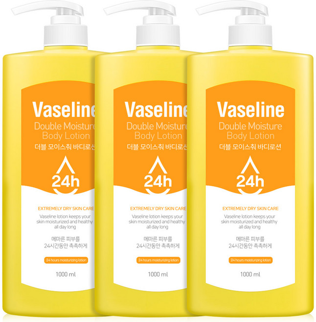 바세린 24h 고보습 대용량 바디로션 더블 모이스춰, 1L, 3개