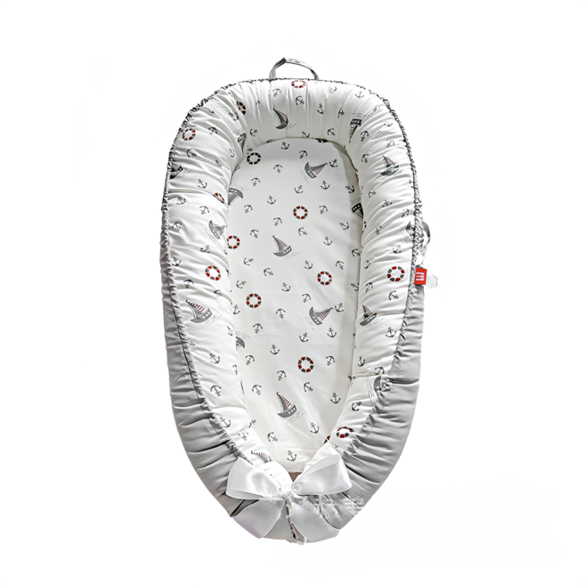 嬰兒睡窩 仿生床 中床 內外可拆洗 便攜式 防壓, 灰邊帆船(床+枕+大提袋)