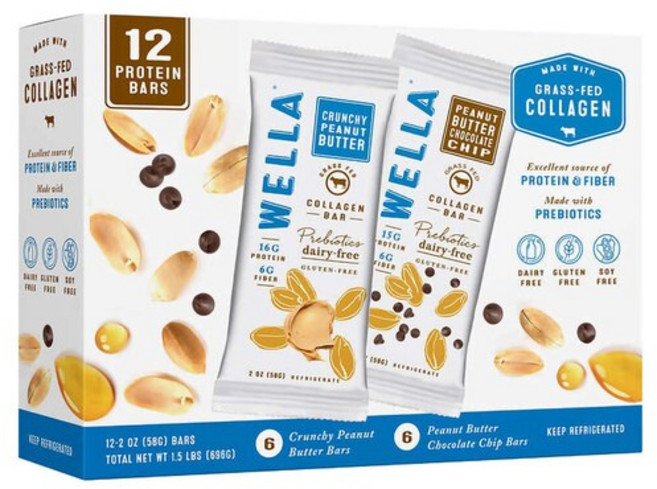 Wella 웰라 콜라겐 프로틴 바 크런치 피넛 버터 초콜릿 칩 58g x 12바 Collagen, 12팩