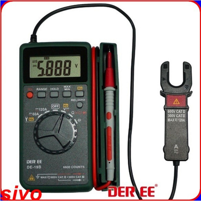 DER EE DE-19B 口袋型叉式萬用電錶 6600計數 AC/DC 120A 頻率/電容/波寬比量測 台灣製, 1個