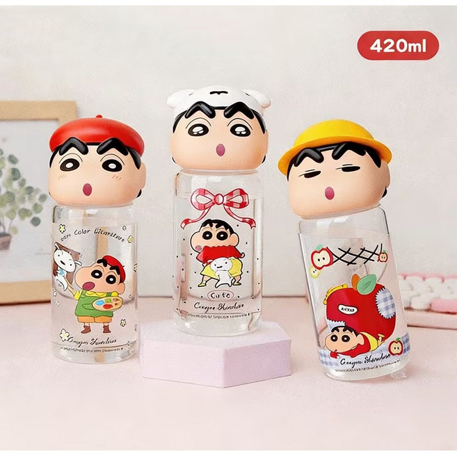 밀크카 짱구 유리컵 내열유리 가벼운 워터보틀, 1개, 420ml, 레드햇