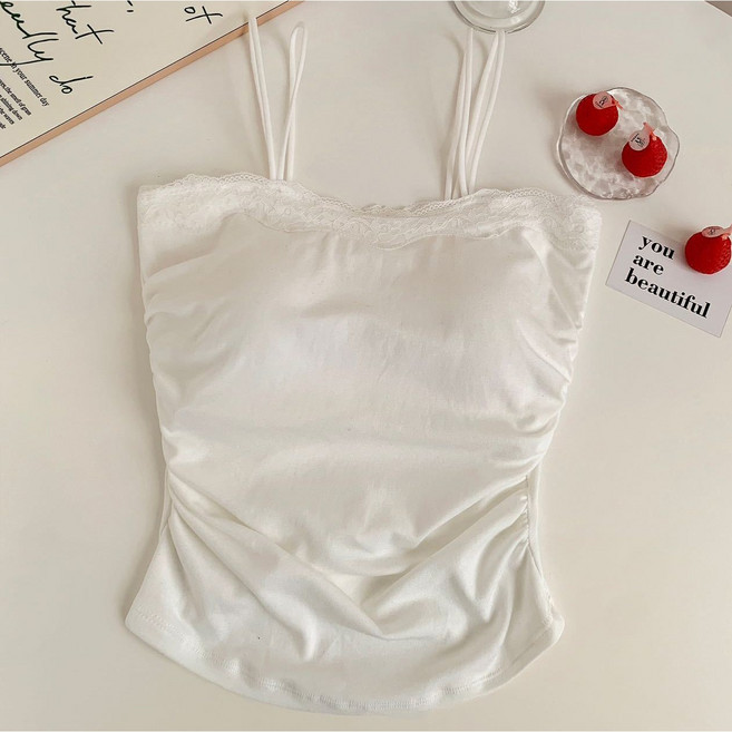 젬버트 여성 레이어드 이너 레이스 셔링 캡내장 순면 끈나시 브라탑