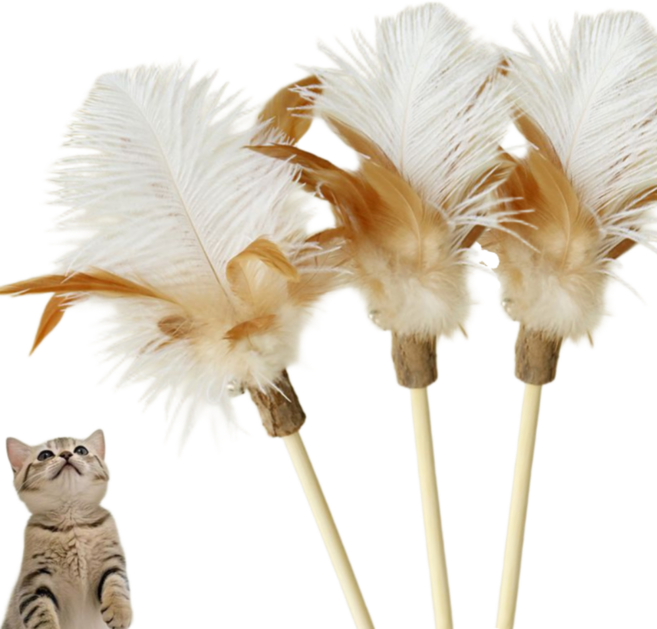 레이지웍 고양이 마따따비 장난감 깃털 이갈이 낚싯대, 3개, 베이지