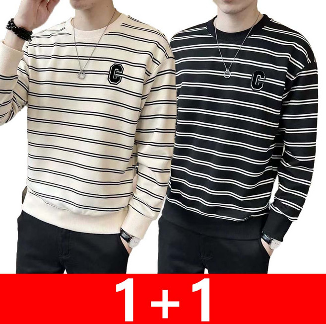 지고다그 1+1 남성 스트라이프 라운드넥 긴팔 티셔츠 캐주얼 봄가을 패션 상의 HH2420