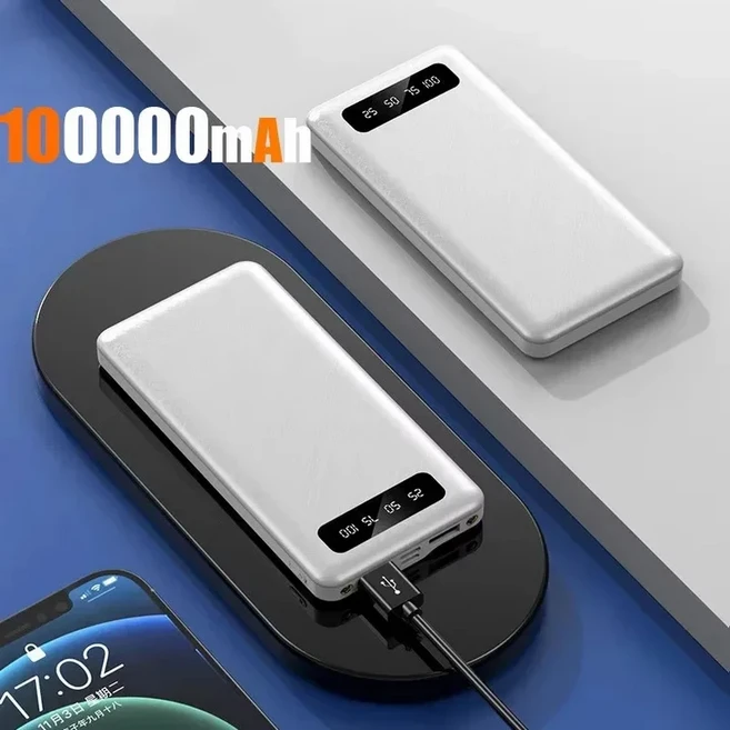 2026년 신제품 500000mAh 파워뱅크 120W 초고속 충전 대용량 휴대용 외장 배터리 LED 디지털 디스플레이 포, 06 White 100000mAh