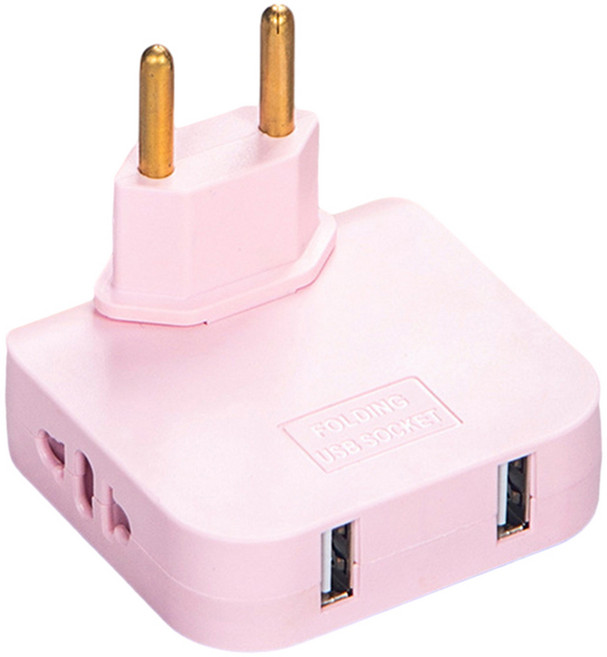 3in 1 EU 플러그-US/EU 범용 듀얼 USB 포트 접이식 숨겨진 콘센트 5V 2A 휴대용 급속 충전기, 02 Pink, 1개