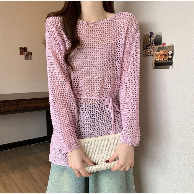 TKX 여성 봄 니트 망사 긴팔 허리끈 루즈핏 여름 시스루 라운드넥 데일리룩 클래식