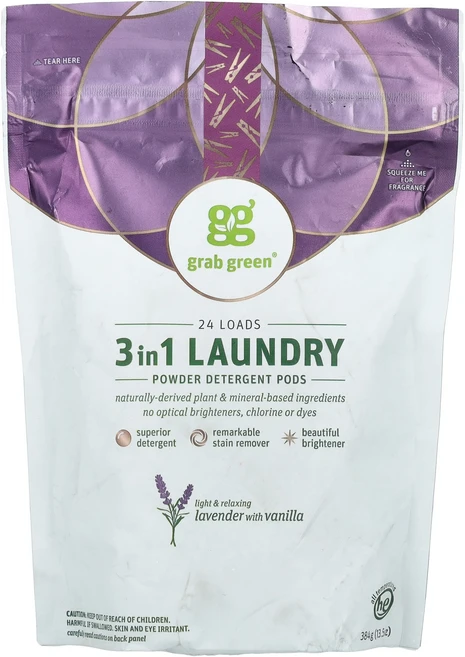깨끗하게 Grab Green 3 in 1 세탁 세제 포드 라벤더와 바닐라 24개입 384g(13.5oz) 세척작용