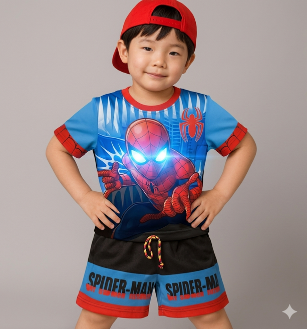 반짝반짝 발광마블정품 스파이더맨 시원한원단 상하복일상복 수영복겸용 망토디자인 LED 증정(국내당일발송)