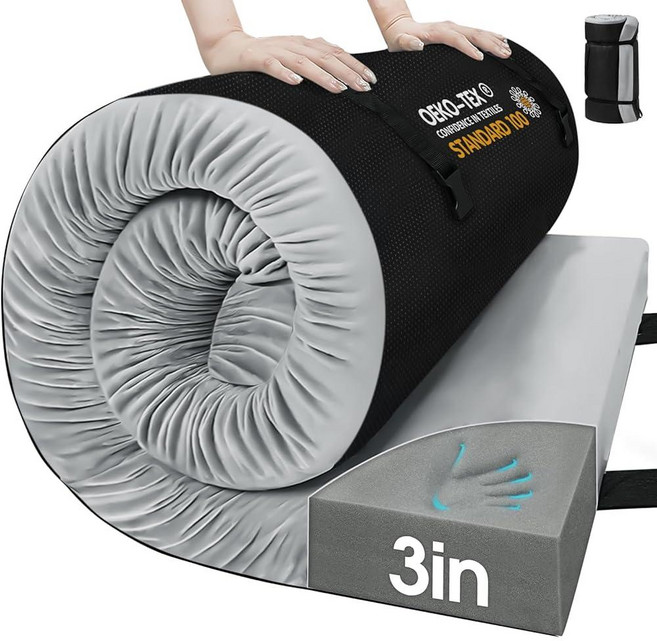 CYMULA 메모리 폼 캠핑 매트리스 패드 캠핑용 7.6cm(3인치) 수면 패드 미끄럼 방지 바닥 바닥 침대 매트리스 성인용 휴대용 롤업 매트리스 패드 매트 자동차 여행, 회색