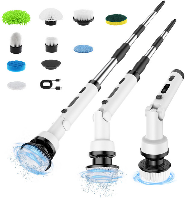 RichMagic 화장실 무선 전동 욕실 청소기 9in1 멀티 세트, JY-7011, 흰색