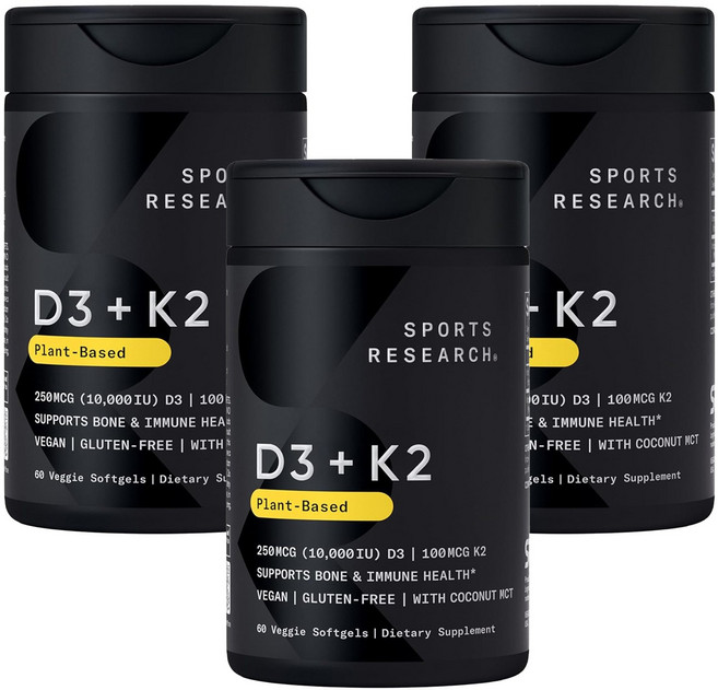 스포츠리서치 D3 250mcg + K2 100mcg 플랜트-베이스드 베지 소프트젤, 3개, 60정