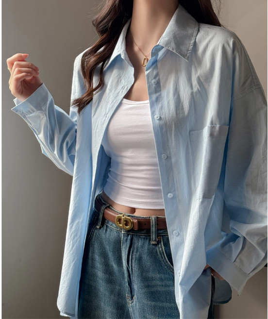 ANYOU 여름 데일리 기본 가디건 셔츠 여성 긴팔 루즈핏