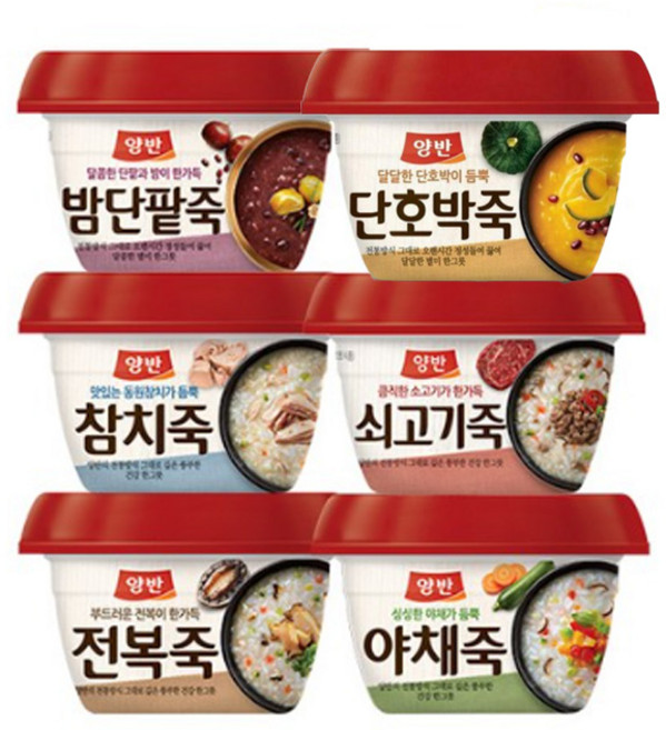 동원 양반죽 용기 6종 (전복죽4+쇠고기죽4+단호박죽4+밤단팥죽4+야채죽4+참치죽4) 총24입, 1세트