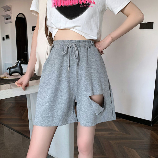 미중 여성 뉴 반바지 빅사이즈 하이웨스트 트레이닝 여름 박시 날씬 찢어진 5부 밴딩yy