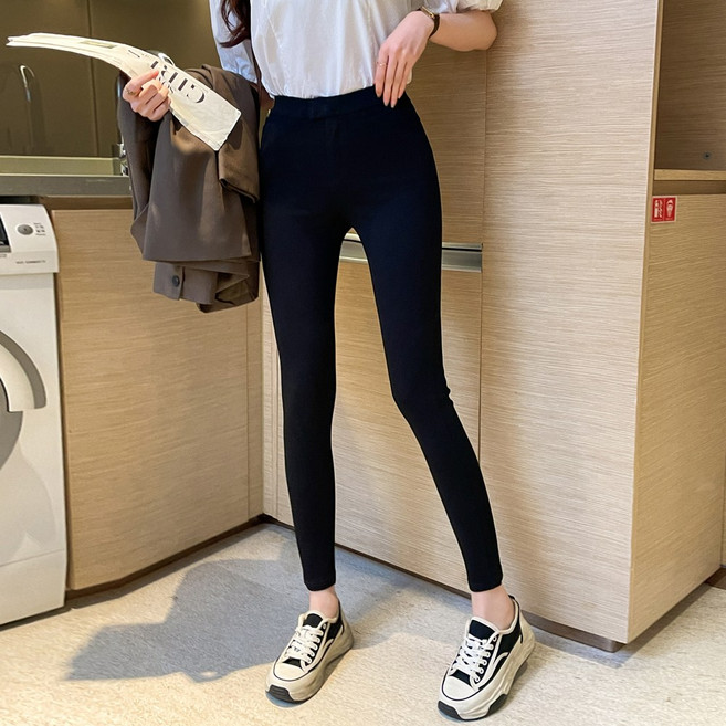 화지나무 여성 하이웨스트 밴딩 스판 블랙 스키니진