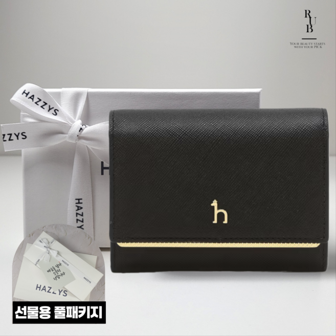 헤지스 여성 스테디 골드라인 포인트 블랙 소가죽 반지갑 선물용 풀패키지