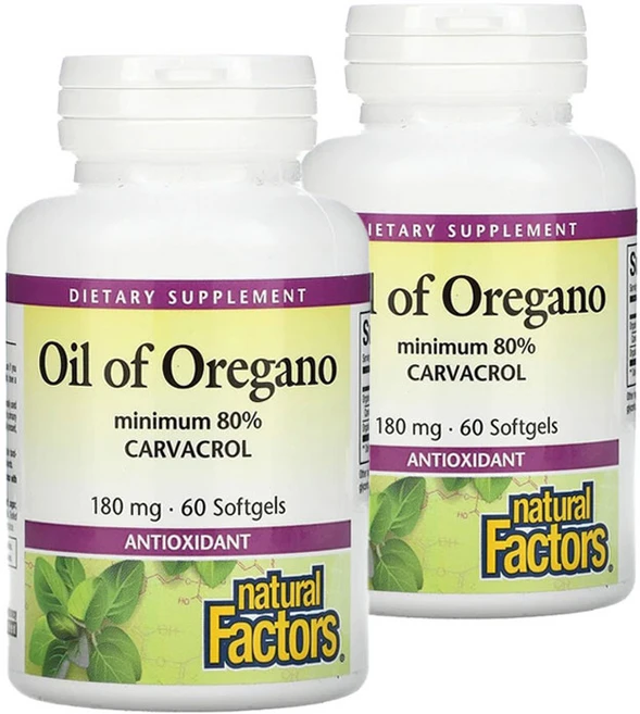 Natural Factors Oil of Oregano 네츄럴 팩터스 오레가노 오일 180mg 60소프트젤 2팩, 60정, 2개 - 쿠팡