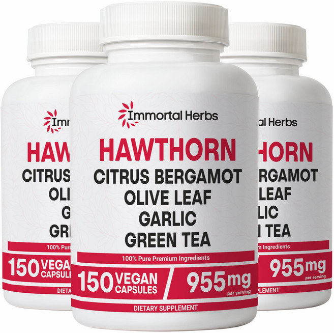 Immortal Herbs 호손 베리 캡슐 올리브 잎이 포함된 6-in-1 추출물 시트러스 베르가못 마늘 녹차 및 후추 비유전자변형식품 및 글루텐 프리 호손 베리 보충제, 3개, 150정