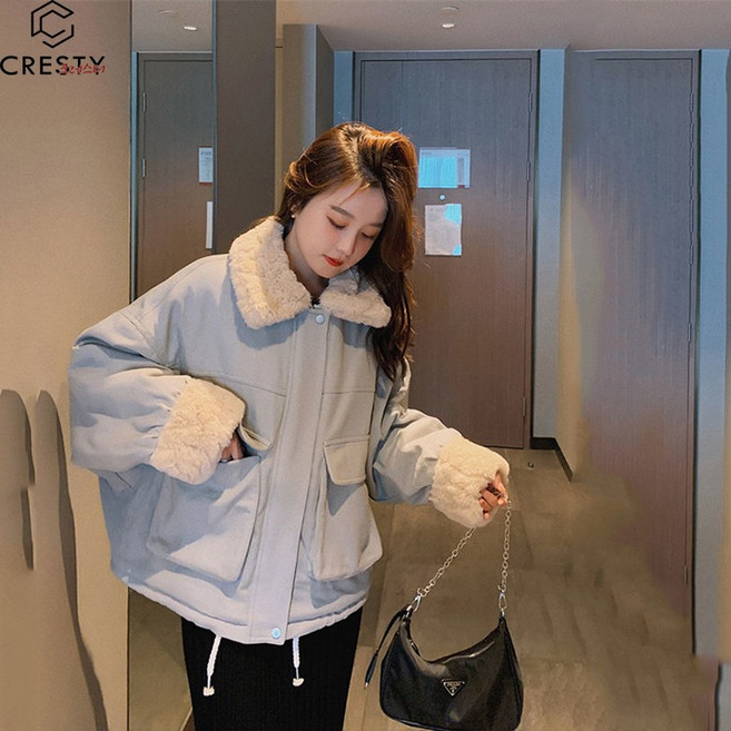 크레스티 여성 캐주얼 기모 지퍼 자켓 겨울 루즈핏 털 칼라 패딩