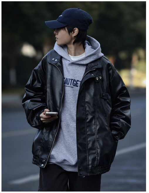 LLHH 立領黑色皮革皮衣外套