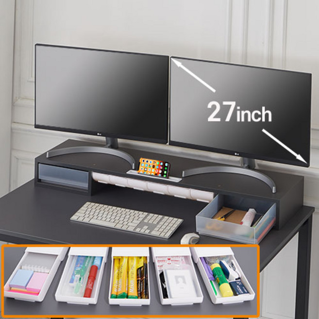스토리 서랍형 듀얼 모니터받침대 국산 완제품, MT04 스토리 서랍형 듀얼 모니터 받침대 부착서랍6개, 그레이, 1개