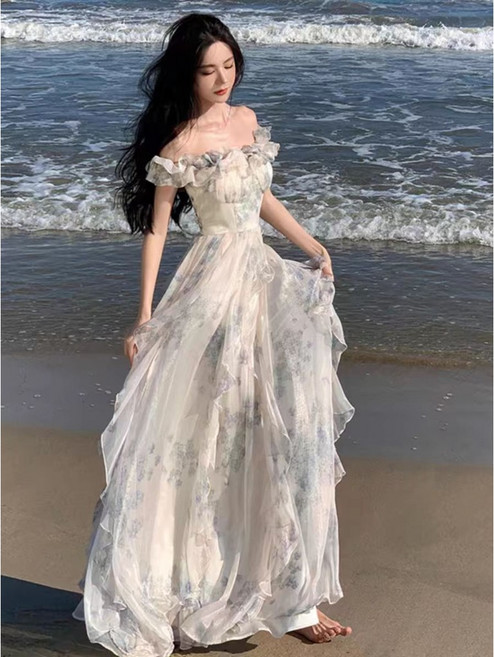 法式荷葉邊沙灘裙 氛圍感飄逸仙女長裙 一字領連身裙 白色洋裝 溫柔雪紡碎花裙 氣質日系洋裝, 圖片色,L