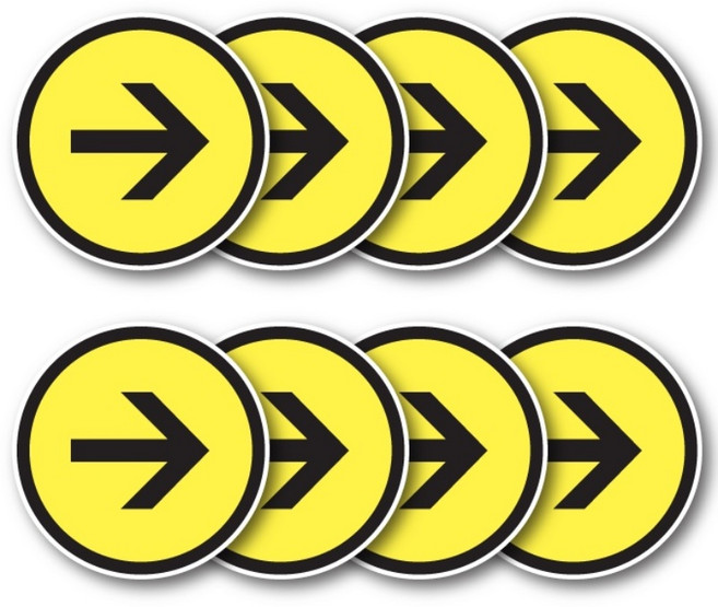 논슬립 바닥 화살표 스티커 줄서기 대기선 방향 방향표시 화살표모양 공공기관 학교 어린이집 원형스티커 4개 x 2세트 (총 화살표 8개), 20cm (원형 옐로우 화살표)
