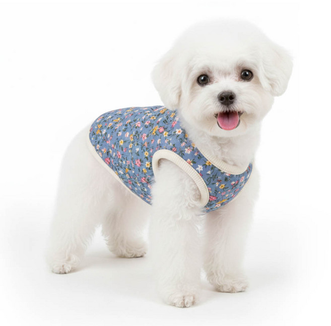 견행묘행 강아지 김장 조끼 꽃무늬 겨울옷, 블루, 1개
