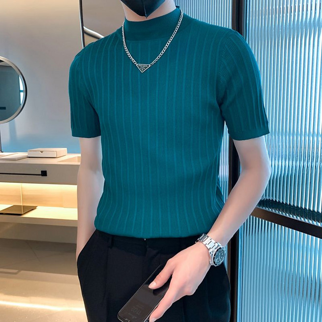 남성용 반폴라 반팔티 봄 여름 캐주얼 슬림핏 얇은 티셔츠 트렌드 니트 쫄티 상의 WMY