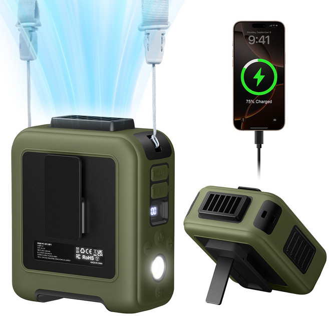 ACMEZING 바디 냉각 선풍기 허리걸이 넥밴드 겸용 강풍 쿨링팬 캠핑 야외 작업 보조배터리, 그린, G7