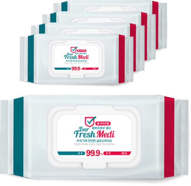 에버프레쉬 메디 안심살균소독 티슈 캡형, 80매, 5개