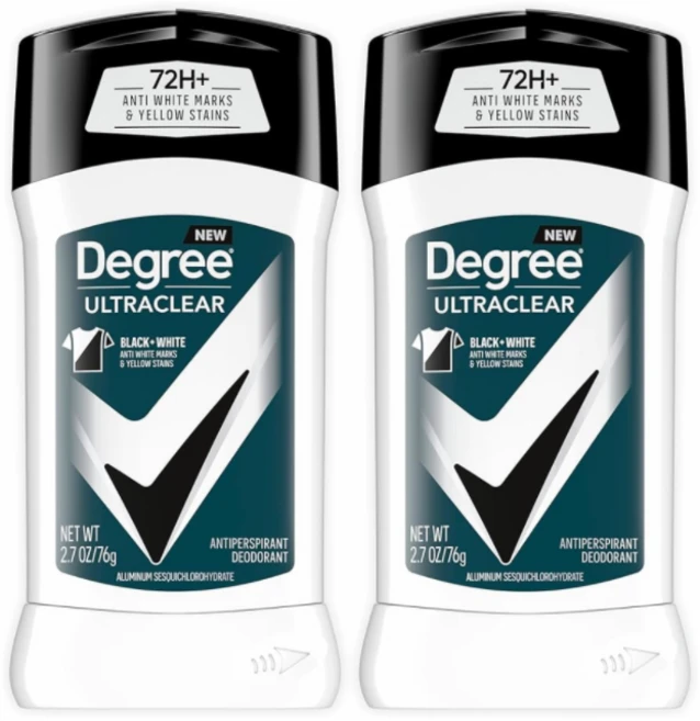 Degree 디그리 남성용 맨 스틱 데오드란트 땀 냄새 억제제 72시간 블랙 화이트 울트라 클리어 2개, 76.5g - 쿠팡