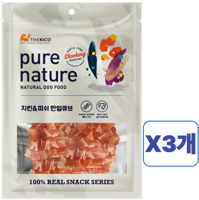 퓨어네이쳐 강아지 육포 사사미 간식, 혼합맛(치킨/피쉬)한입큐브, 180g, 3개
