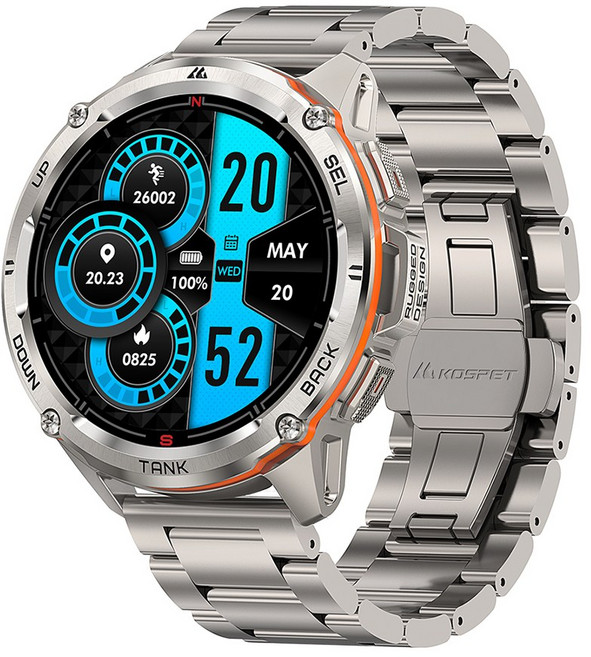 듀얼 주파수 GPS 5ATM 방수 IP69K 10가지 군사 인증 AMOLED 디스플레이 블루투스 통화 기능을 갖춘 KOSPET TANK T3 Ultra 스마트워치, GPS + 블루투스, 3.63cm, silver n strap