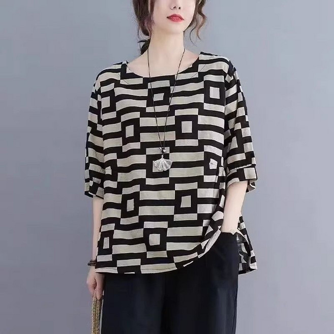 Makone 여성 라운드넥 린넨 심플 루즈핏 반소매 블라우스 체형커버 날씬해 보이는 반팔 티셔츠