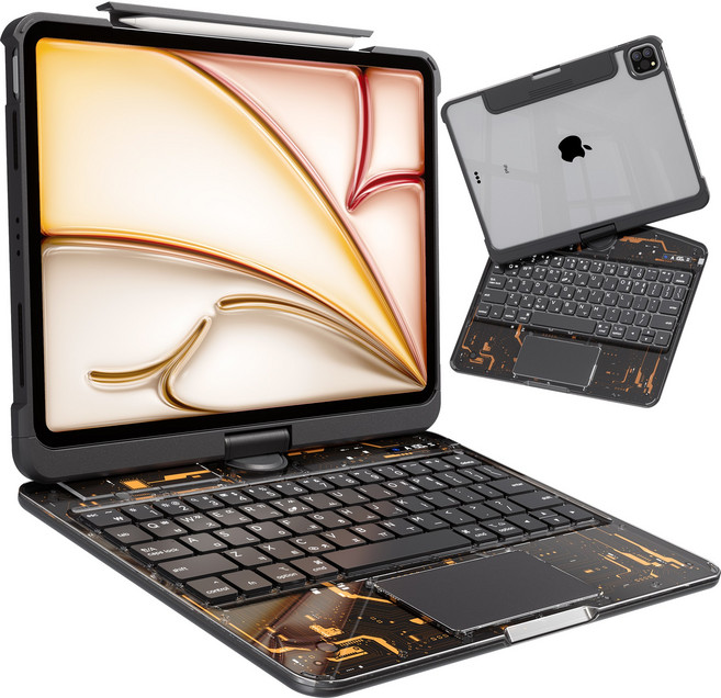 AITEWO 아이패드 키보드 케이스 일체형 360도 회전 다각도 조절 투명 케이스 트랙패드 펜슬수납 에어4/5/6/7/8세대10.9/11인치 프로1/2/3/4세대 12.9/13인치, 투명 블랙, 1개