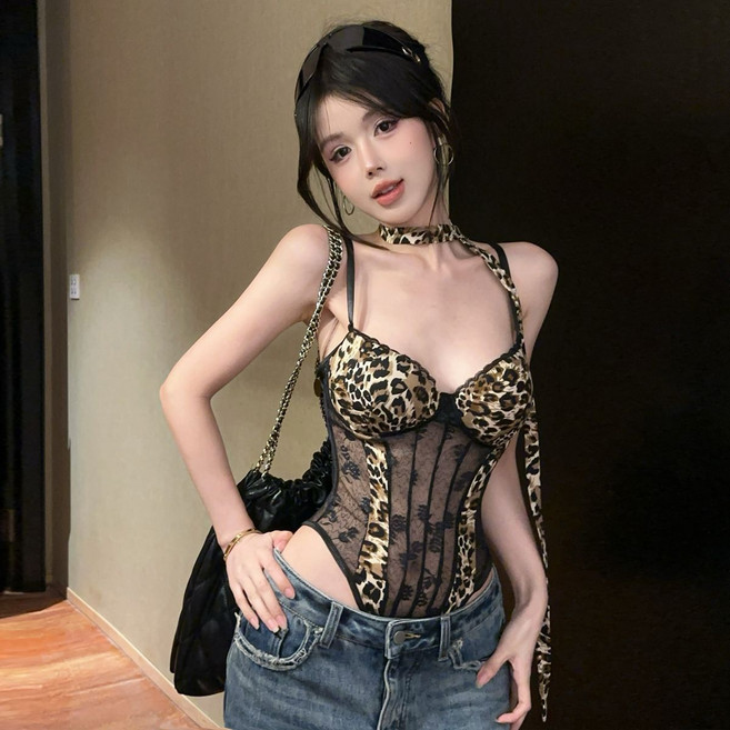 網紗豹紋吊帶背心 魚骨抹胸小上衣, 1個, 豹紋吊帶L 建議體重125-145斤