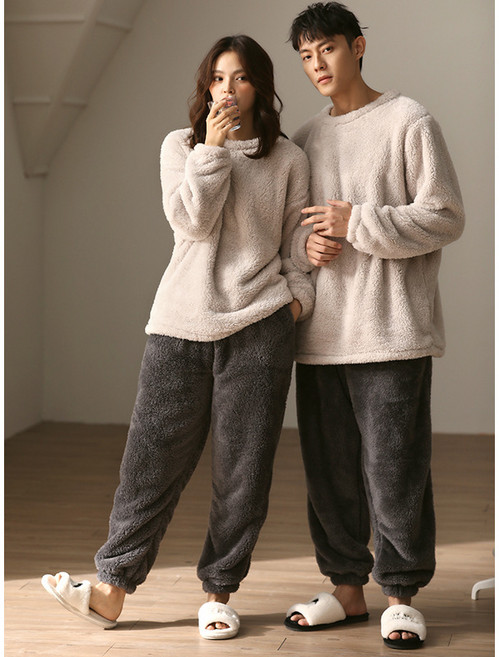 ANYOU 커플 잠옷 기모 긴팔 카라 극세사 수면잠옷 남여공용 잠옷 상하의 세트