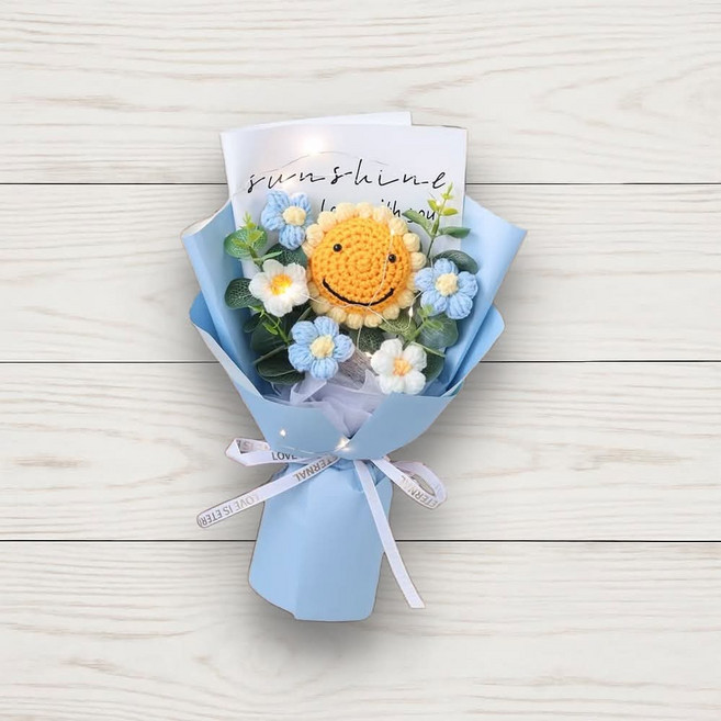 手鉤織太陽花與小雛菊捧花束，附燈飾, (30cm)針織笑臉向日葵雛菊花束(藍色系), 1件