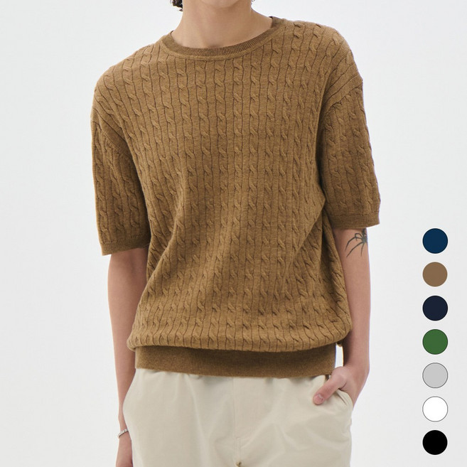 트래드클럽 남자 케이블 라운드 사계절 반팔 니트 티셔츠 (7컬러 M~5XL)