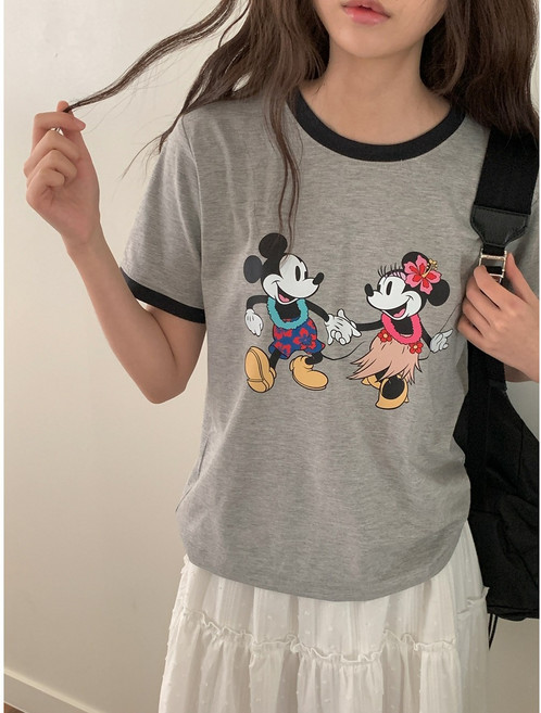 Disney 미키 미니 알로하 반팔티 디즈니 미키마우스 배색 스판 티셔츠