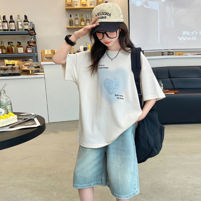 여아 여름 상하 세트 초중생 반팔티 주니어 반바지 러블리 캐쥬얼 루즈핏 청바지 상하복 세트