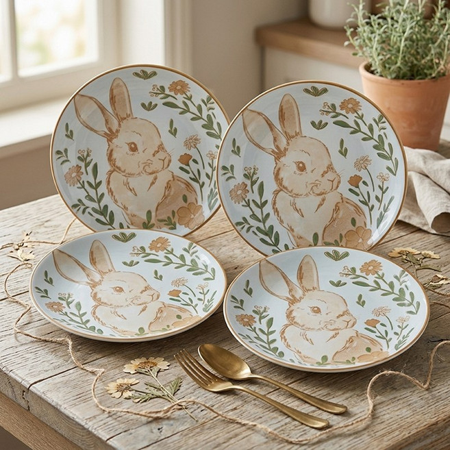 WHH 원형 캐릭터 도자기 접시 홈 식기 세트 전자레인지용 접시 예쁜 그릇 파스타 접시, 4개, 오렌지